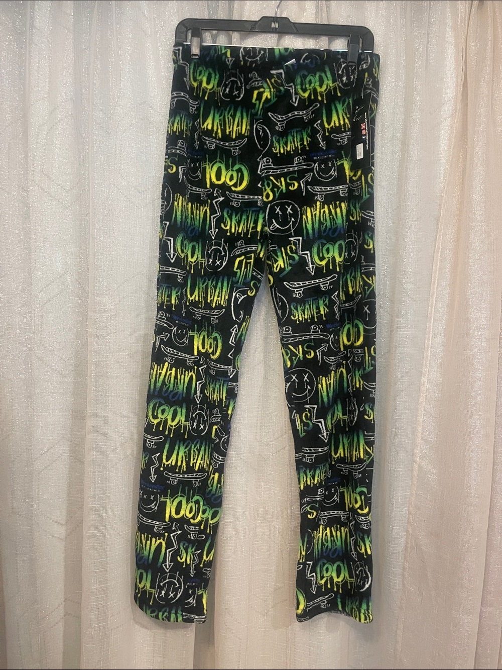 Men’s Black Lounge Pants with Neon Green, Yellow & Blue Graffiti Cozy Pajamas